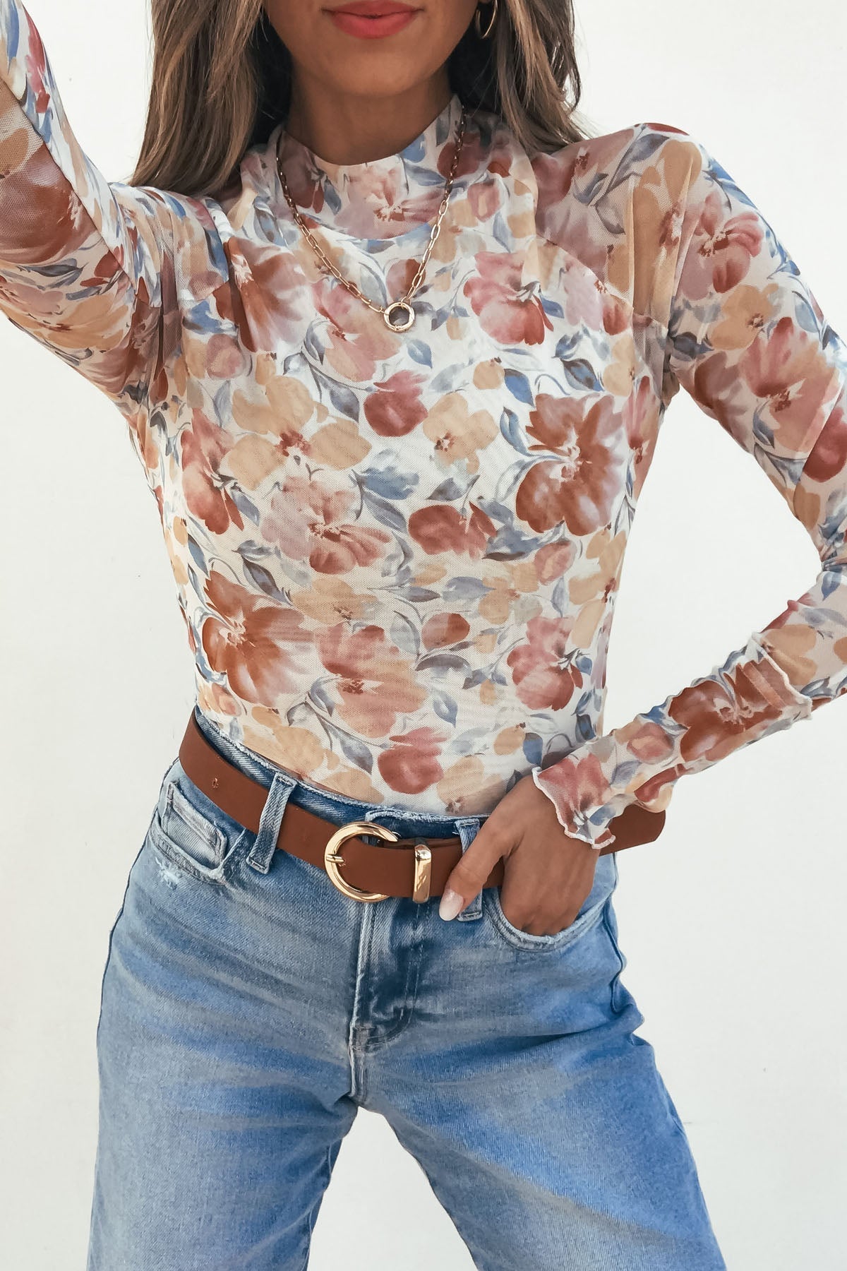 Cream Floral Mesh Top