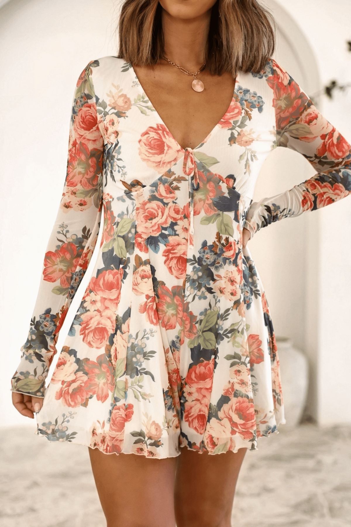 Cream Floral Print V Neck Romper - FINAL SALE