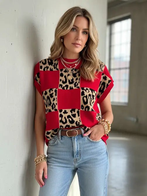 Leopard Checker Short Sleeve Knit Sweater