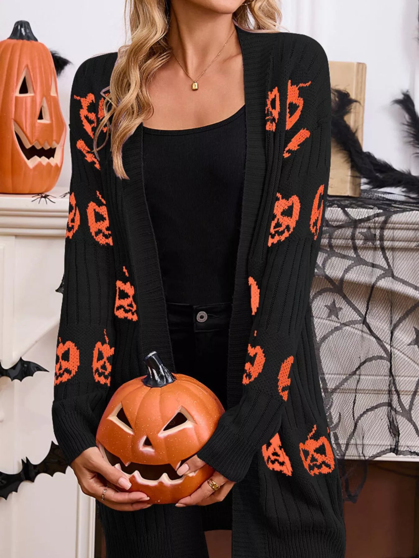 Halloween Pumpkin Open Front Knit Cardigan
