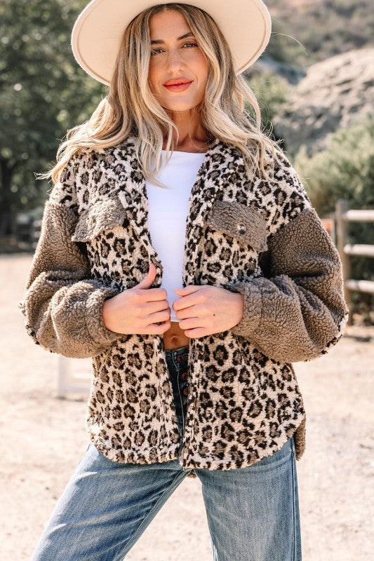 Leopard Sherpa Patchwork Flap Pocket Buttoned Jack
