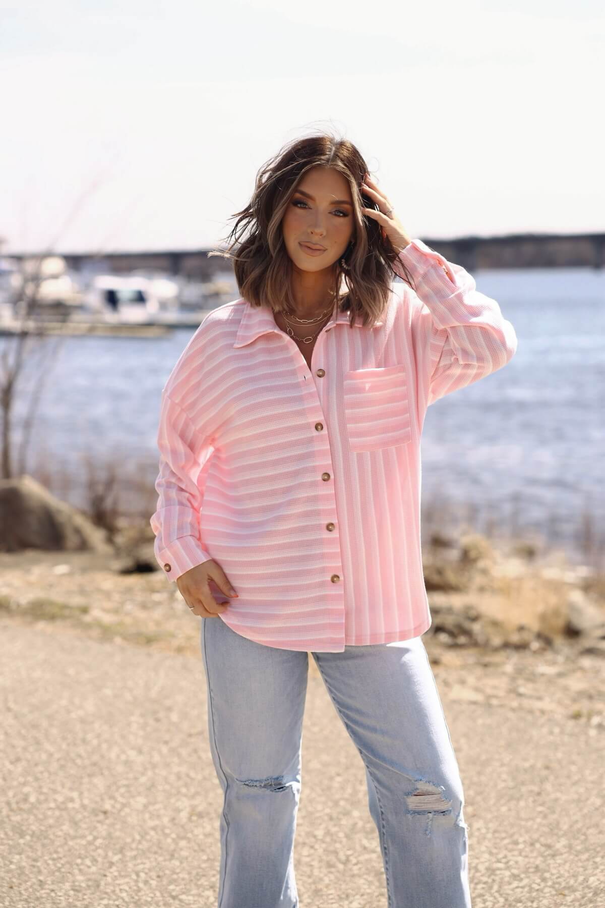 Glenn Pink and White Striped Button Down Top - FINAL SALE