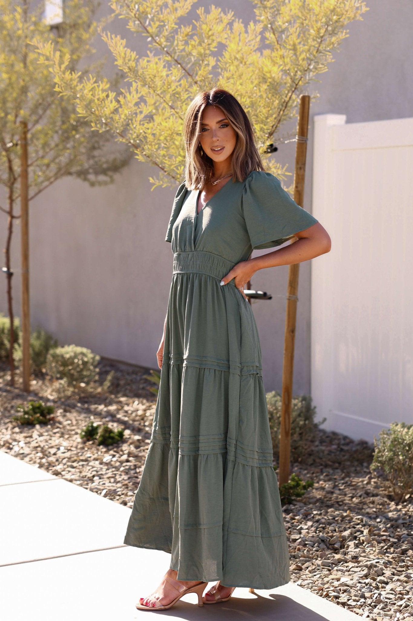 Hannah Surplice Tiered Maxi Dress - Olive