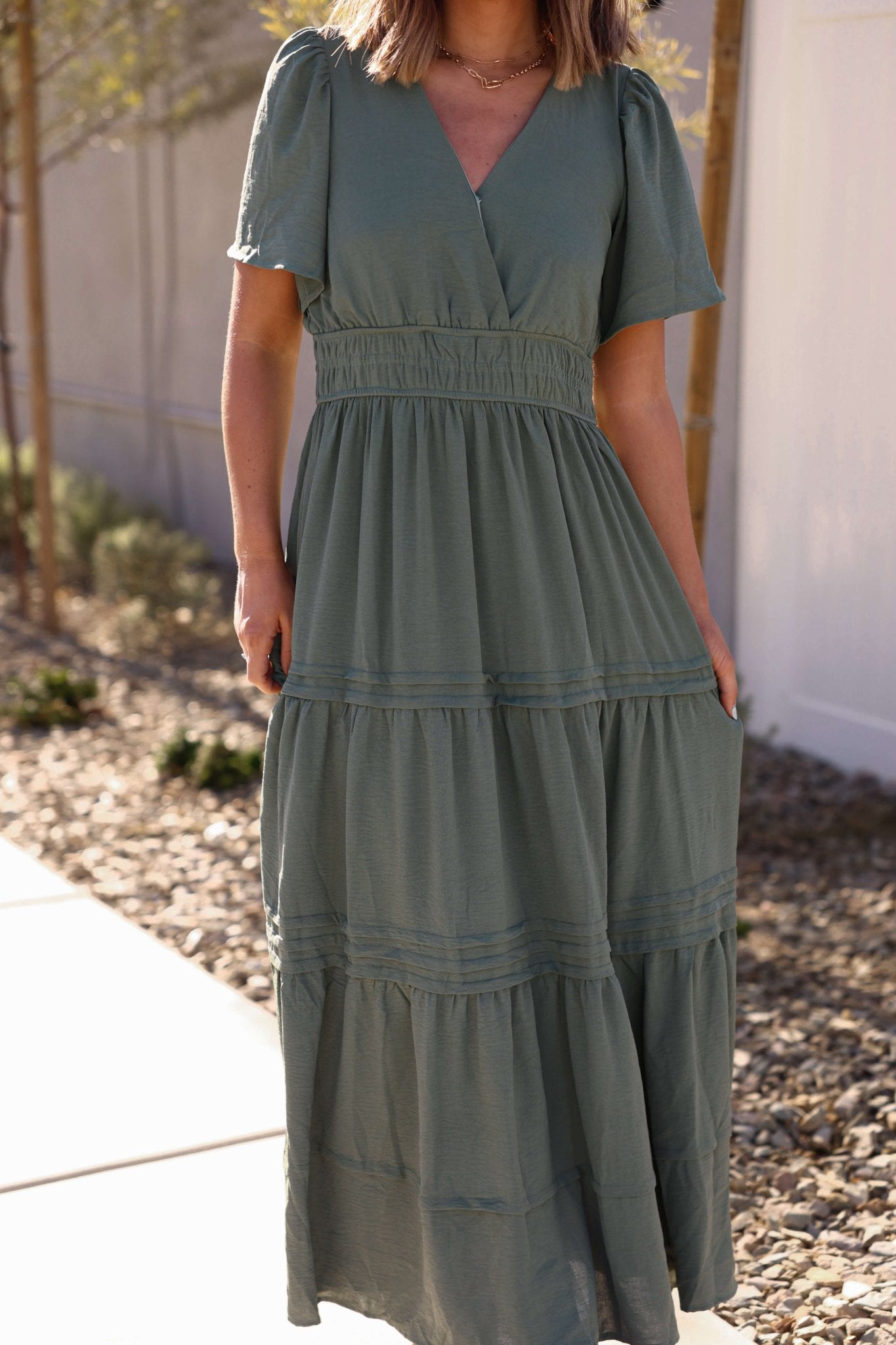 Hannah Surplice Tiered Maxi Dress - Olive