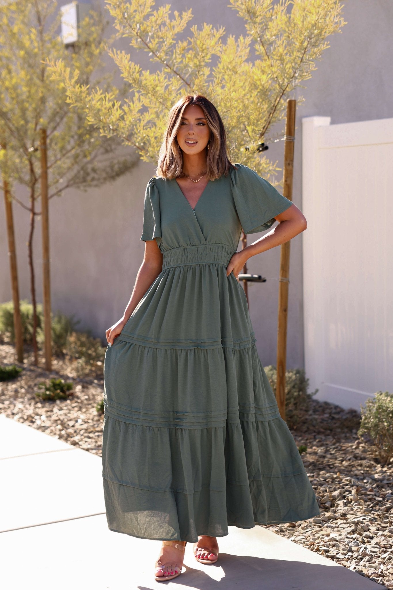 Hannah Surplice Tiered Maxi Dress - Olive