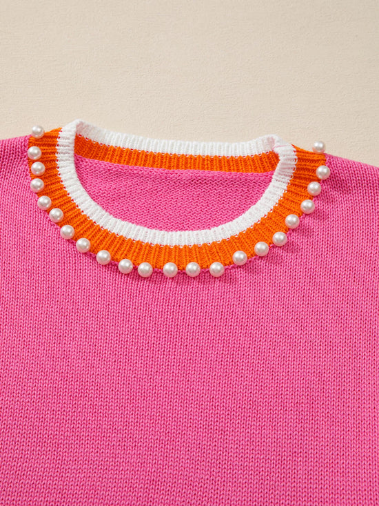 Contrast Crew Neck Pearled Decor Drop Shoulder Knit Sweater