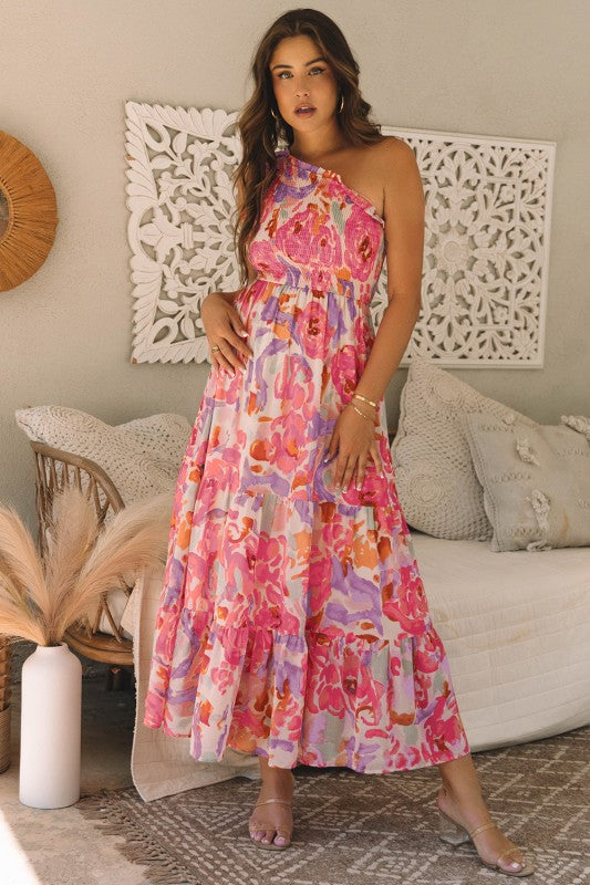 Abstract Floral One-Shoulder Shirred Maxi Dress