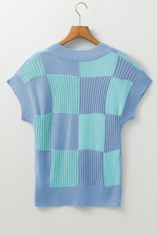 Checker Colorblock Crewneck Short Sleeve Sweater