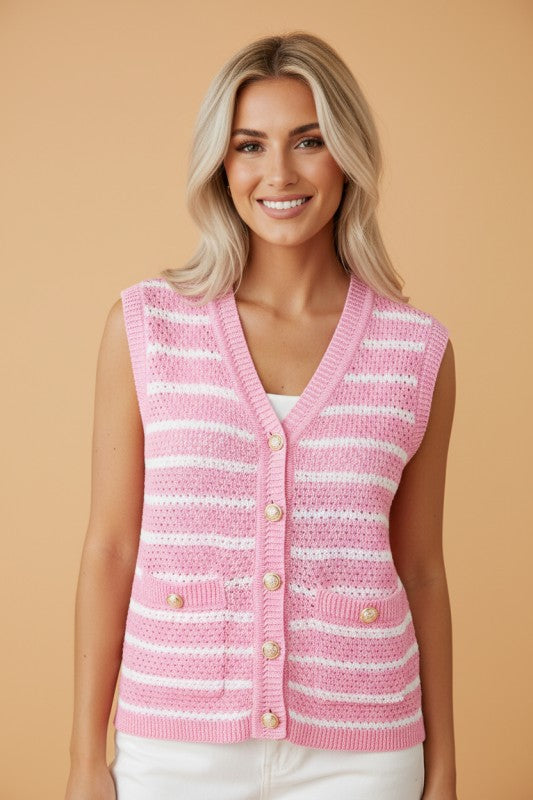 Stripe Buttoned V-Neck Sweater Knit Top