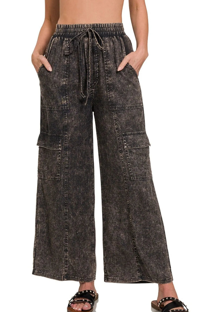 Zenana Washed Linen Elastic Band Waist Cargo Womens Pants