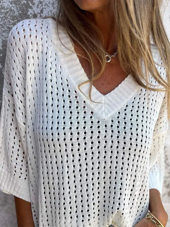 Full Size Openwork V-Neck Knit Cover Up Plus Size