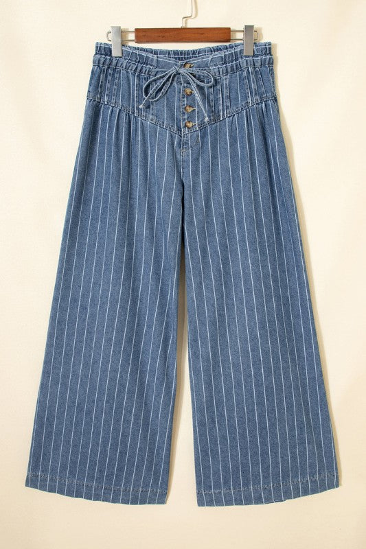 Stripe Buttoned High Waist Pleated Wide Leg Jeans