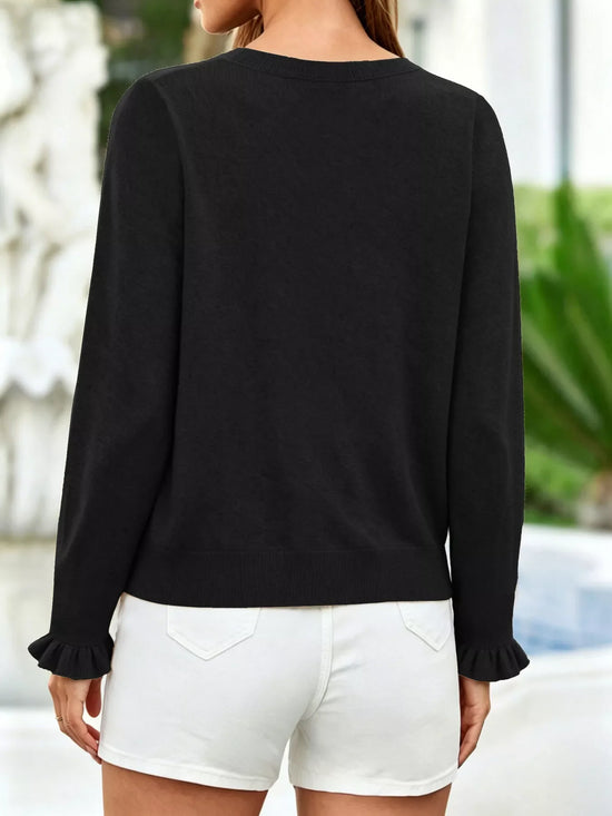 Ruffle-Trimmed Button-Down Knit Cardigan