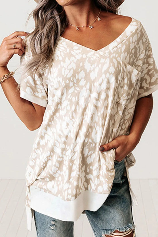Leopard Print V Neck Side Slit Loose Fit T Shirt