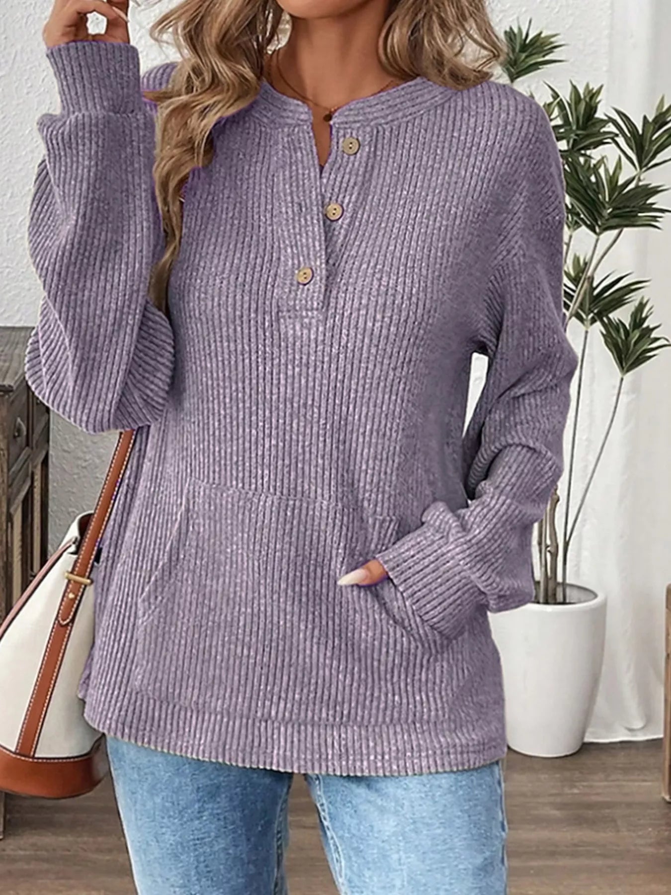 Ribbed Button Detail Long Sleeve T-Shirt