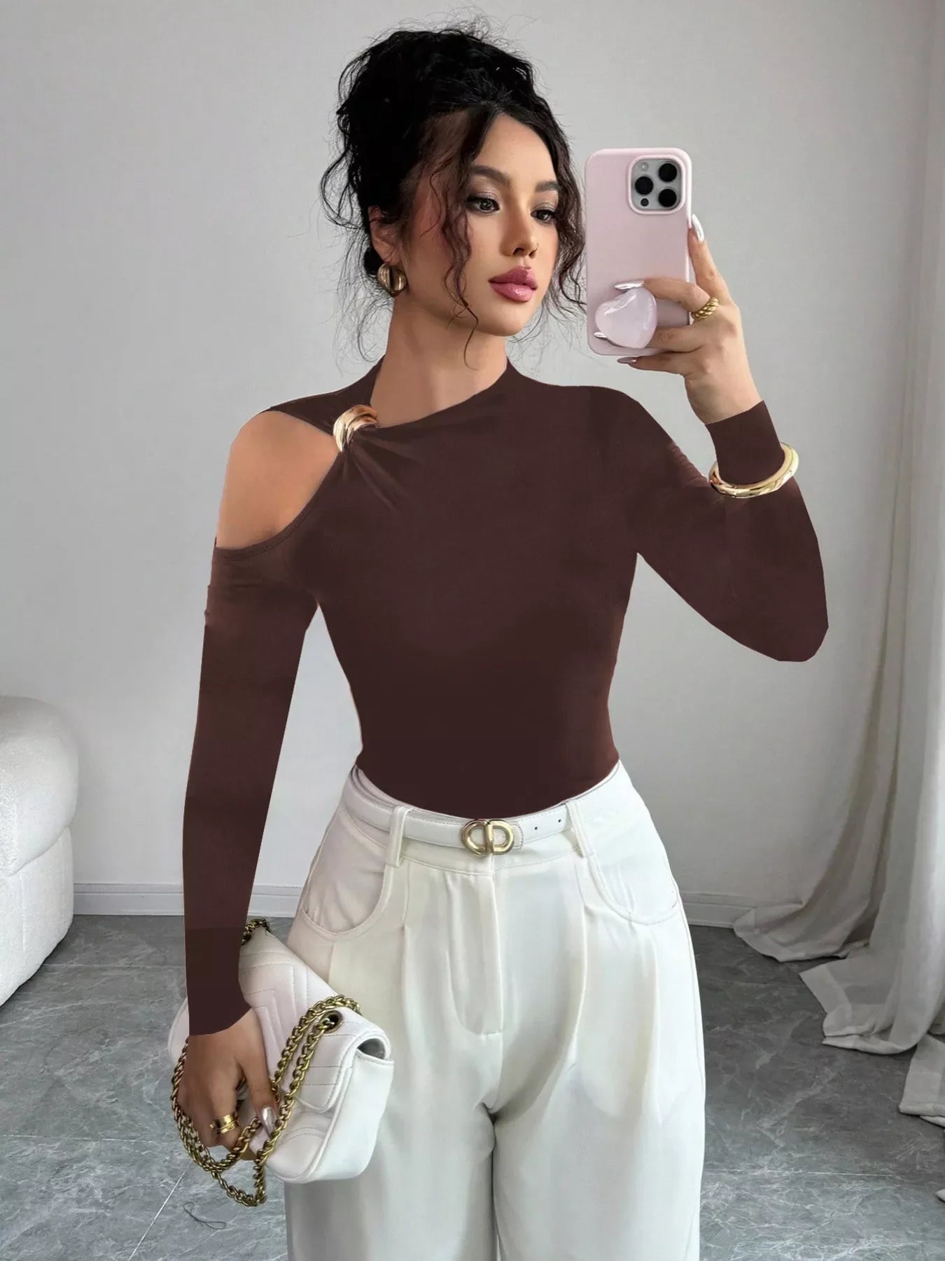 Cutout One-Shoulder Long Sleeve T-Shirt
