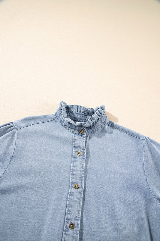 Chambray Ruffle Short Puff Sleeve Buttoned Shirt