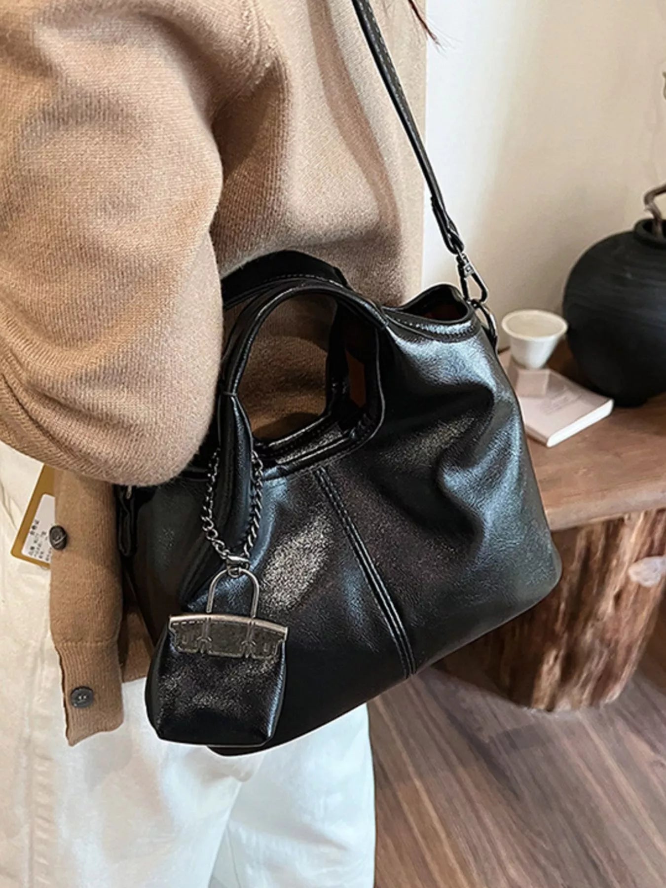 Leather Crossbody Bag with Charm
