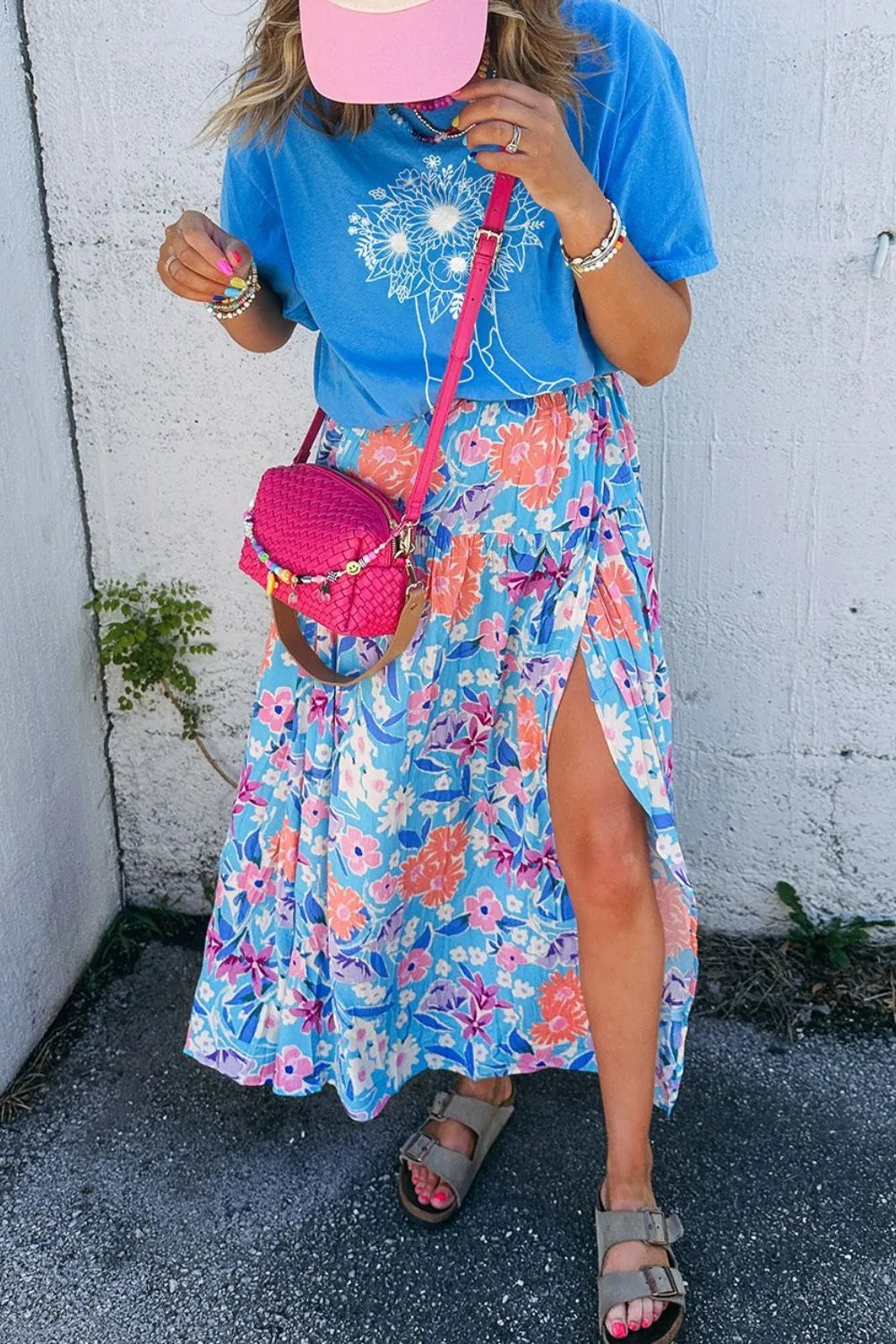 Floral Printed High Waist Split Skirt