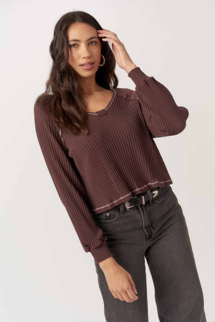 PROJECT SOCIAL T | Homebody V-Neck Rib Long Sleeve - Dark Mocha