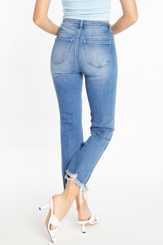 HIGH RISE UNEVEN FRAY HEM DETAILED STRAIGHT