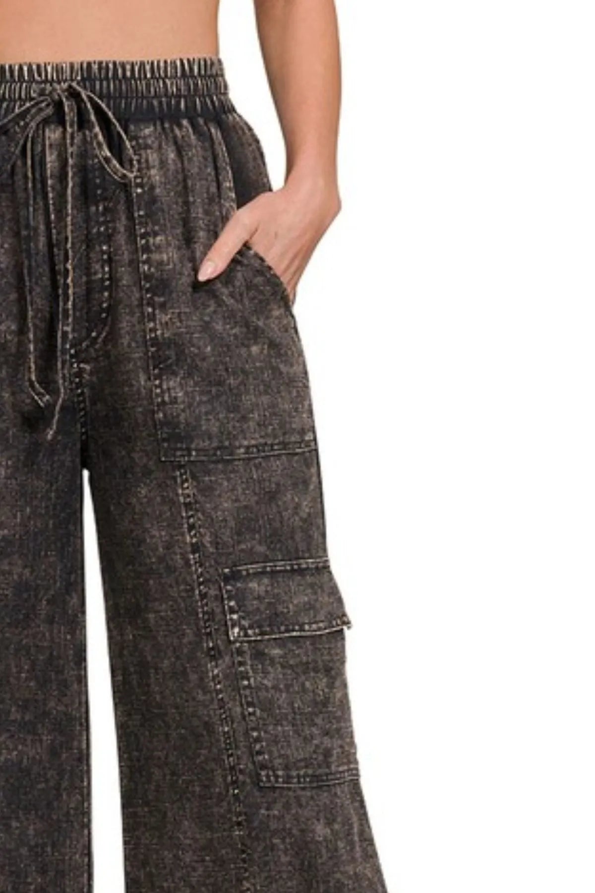 Zenana Washed Linen Elastic Band Waist Cargo Womens Pants