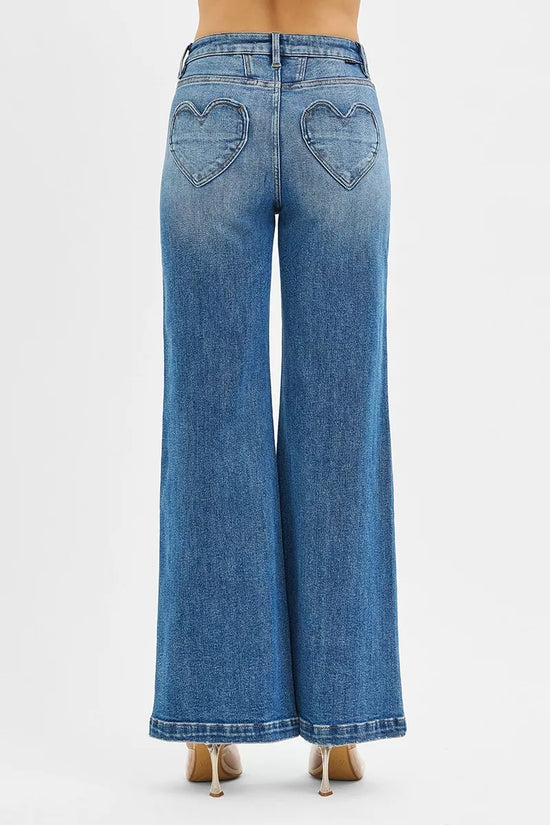 RISEN High Rise Wide Leg Jenas with Front Yoke and Heart Back Pocket