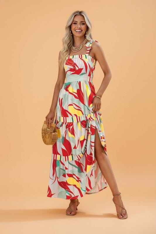 Abstract Stripe Patchwork Tie Strap Maxi Dress