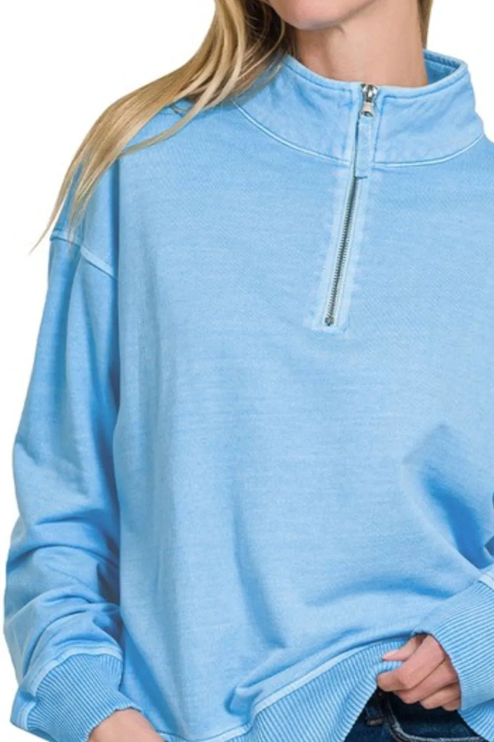 Zenana F/terry Pigment Dye & Enzyme Washing Half Zip Womens Top