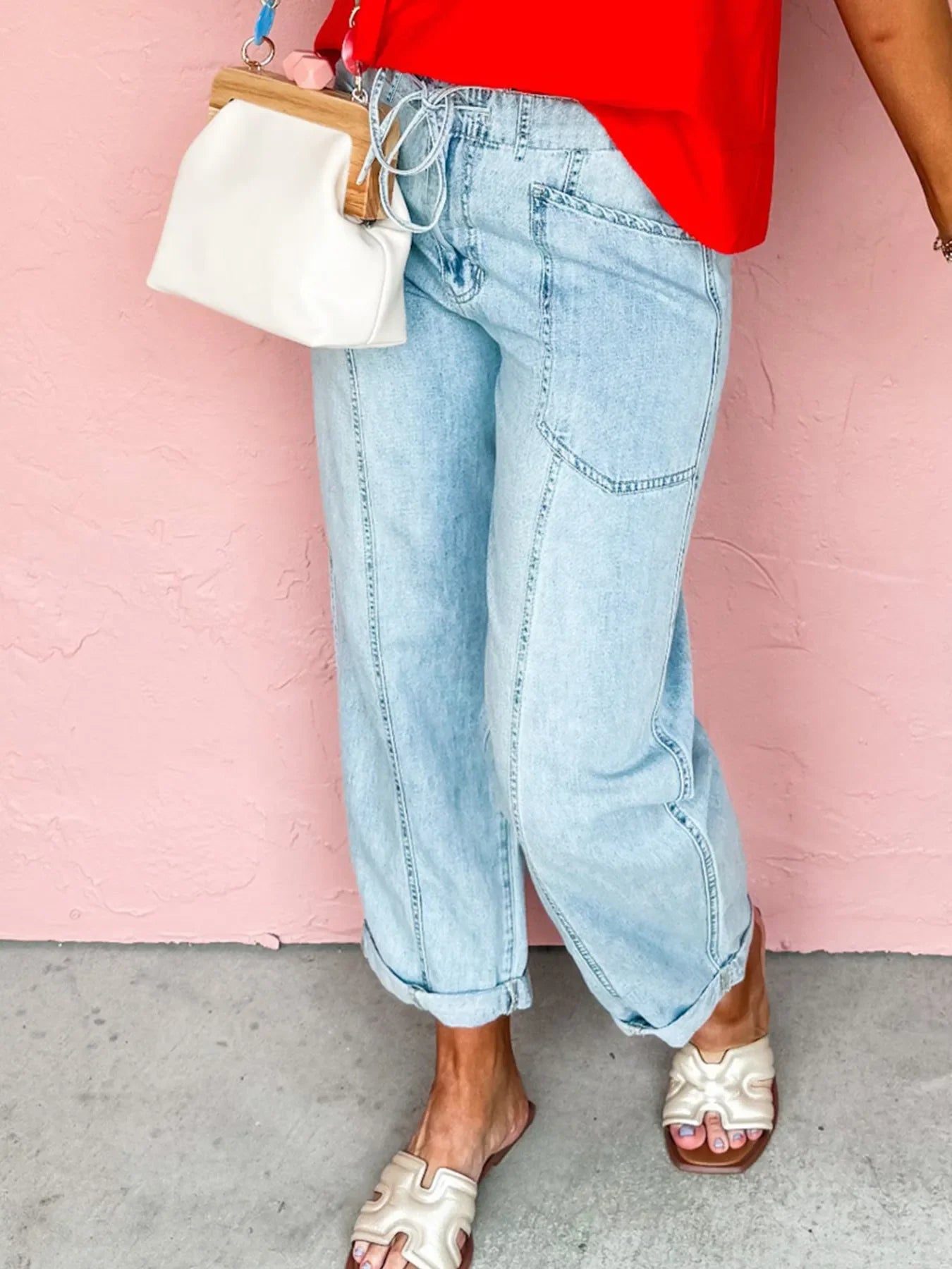 Drawstring Washed Relaxed Fit Boyfriend Jeans