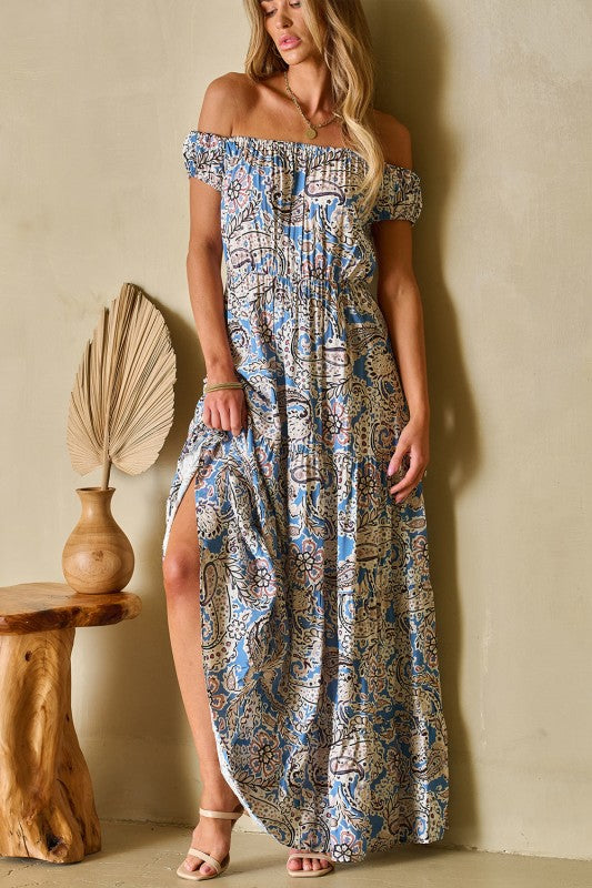 Boho Paisley Off-Shoulder Maxi Dress