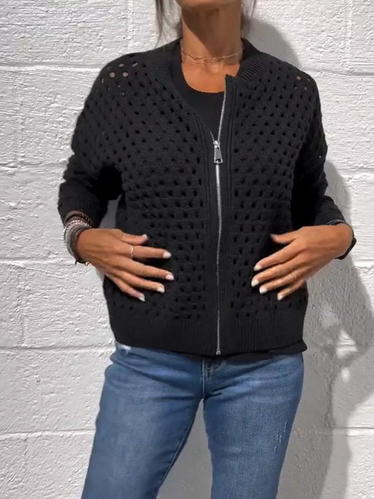 Full Size Crochet Knit Zip-Up Cardigan Plus Size