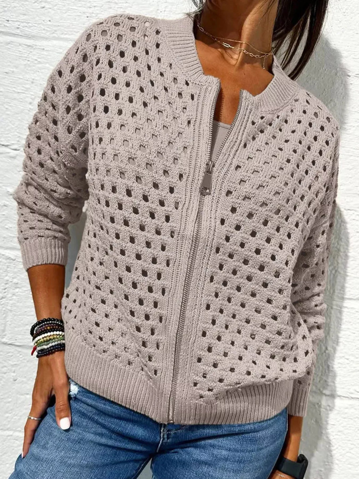 Full Size Crochet Knit Zip-Up Cardigan Plus Size