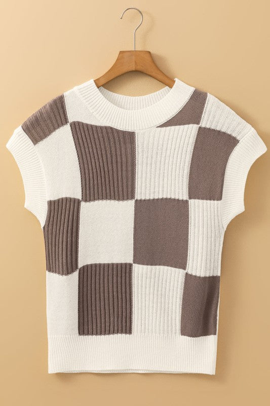 Checker Colorblock Crewneck Short Sleeve Sweater