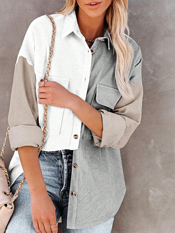 Corduroy Boho Patch Button Shirt Shacket