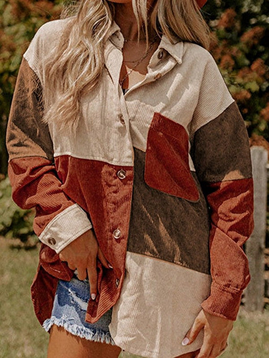 Corduroy Boho Patch Button Shirt Shacket