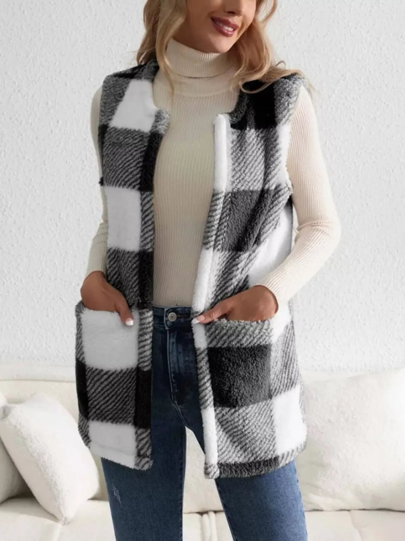 Cozy Plaid Sherpa Vest Coat