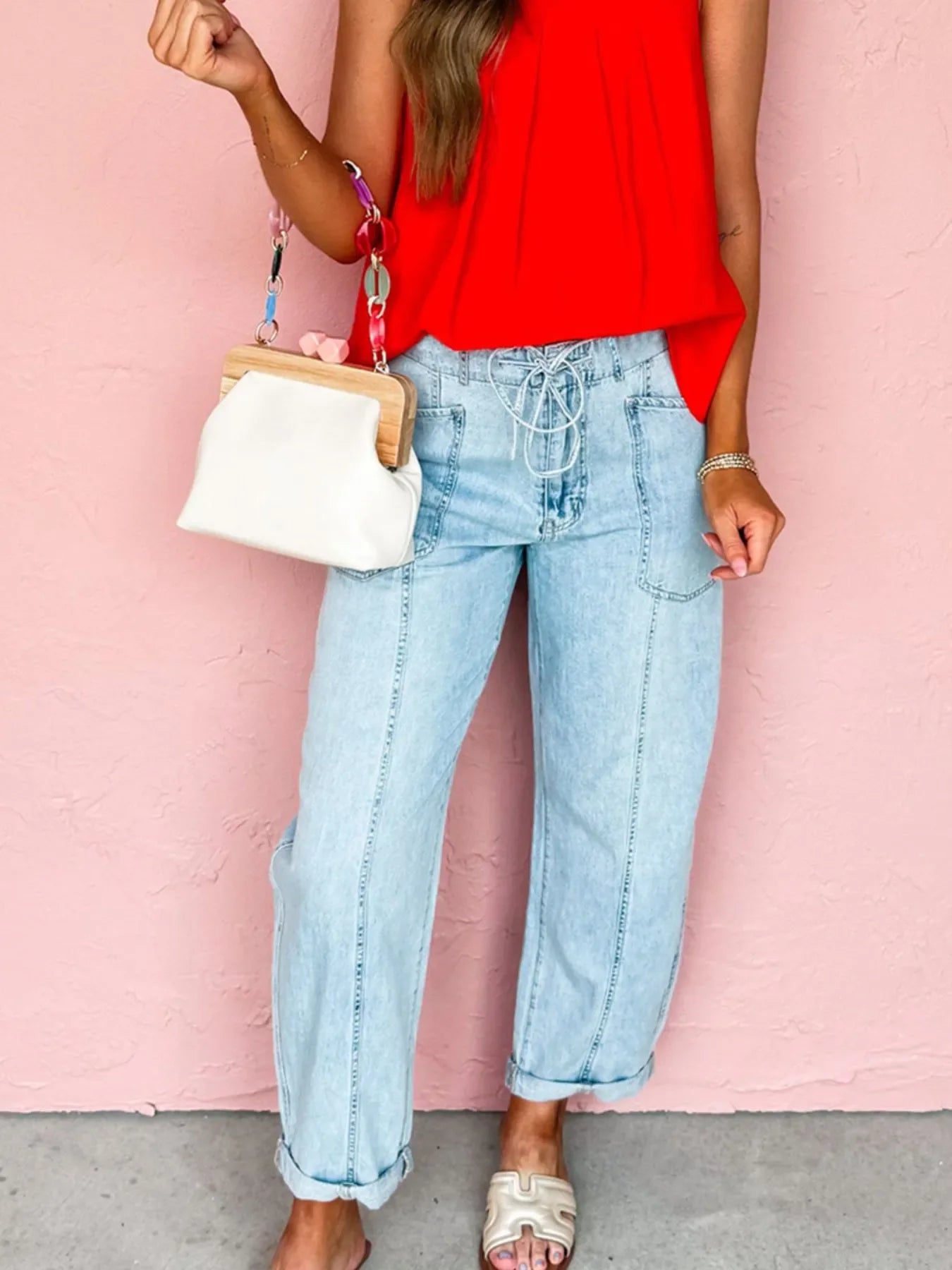Drawstring Washed Relaxed Fit Boyfriend Jeans