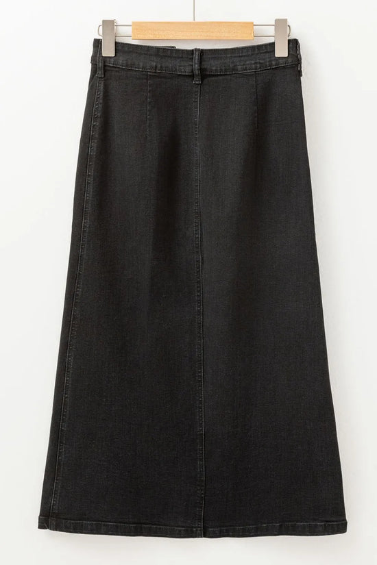Button Fly Side Split Denim Midi Skirt