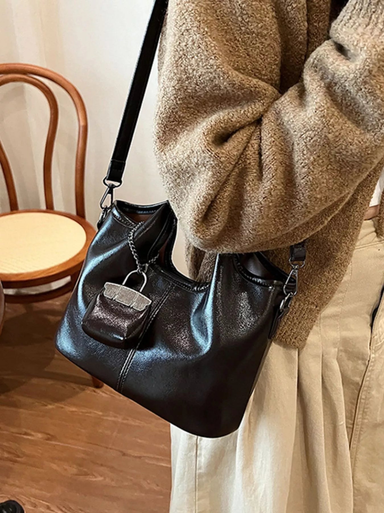 Leather Crossbody Bag with Charm