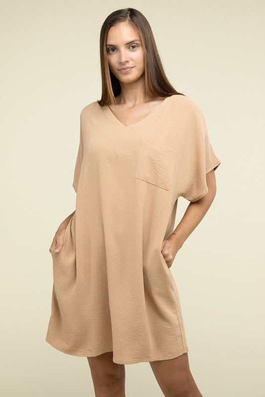 Zenana Woven Airflow V Neck Womens Dress Pockets S-XL 3Colors