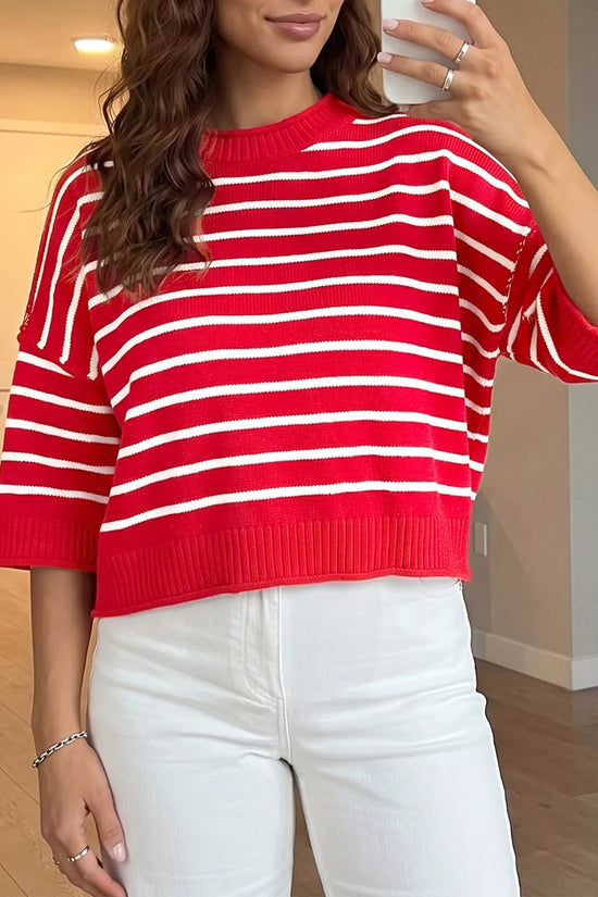 Stripe Dropped Shoulder Half Sleeve Relaxed Knit Sweater