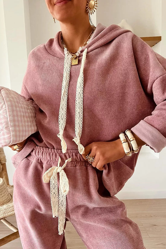 Lace Detail Dropped Shoulder Hoodie and Pants Set