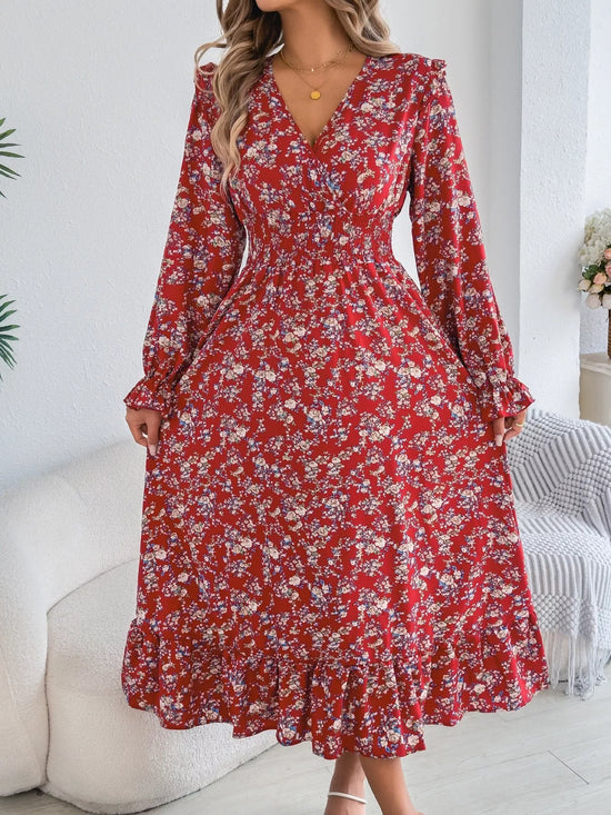 Ruffled Floral V-Neck Flounce Sleeve Dress
