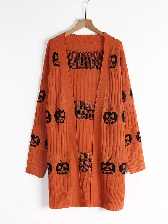 Halloween Pumpkin Open Front Knit Cardigan