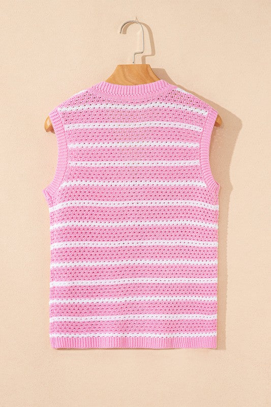 Stripe Buttoned V-Neck Sweater Knit Top