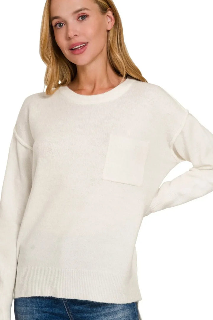 Zenana Melange Hi-low Hem Round Neck Womens Sweater