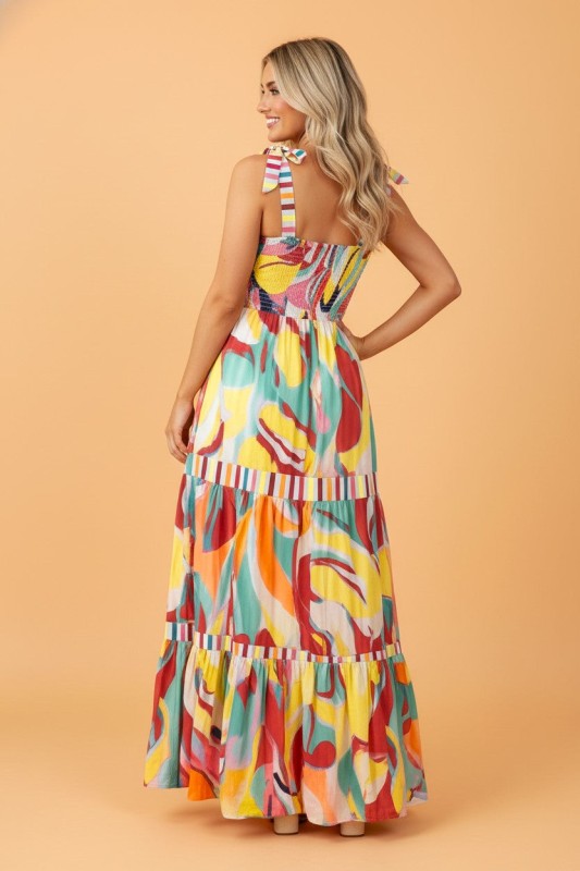 Abstract Stripe Patchwork Tie Strap Maxi Dress