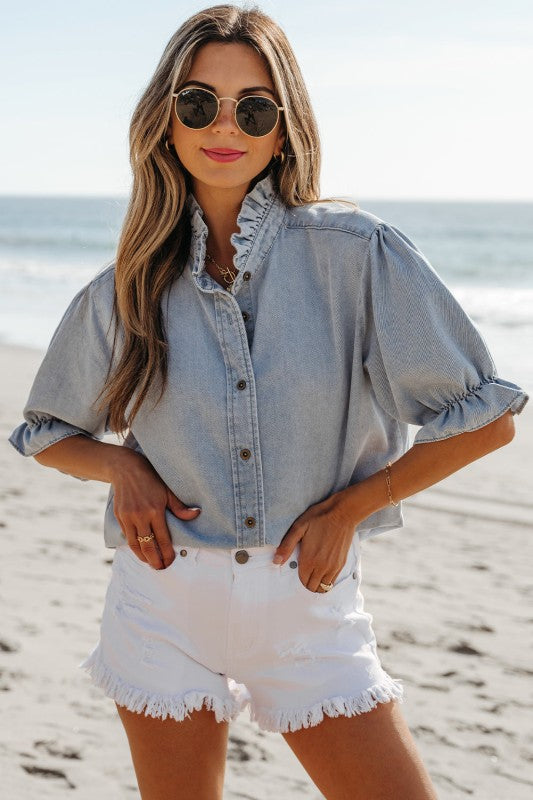Chambray Ruffle Short Puff Sleeve Buttoned Shirt
