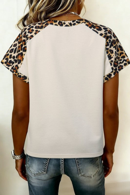 Leopard Patchwork Half-Button Short-Sleeve Top